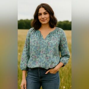 LOFT Floral Peasant Blouse – Blue & Pink Boho Print with 3/4 Sleeves